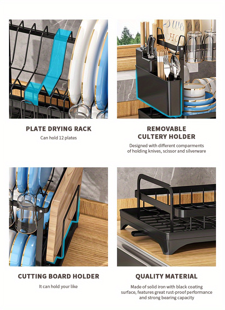 Two-Tier Dish Drying Rack, Rustproof Kitchen Rack with Drainboard And Utensil Holder for Countertop
