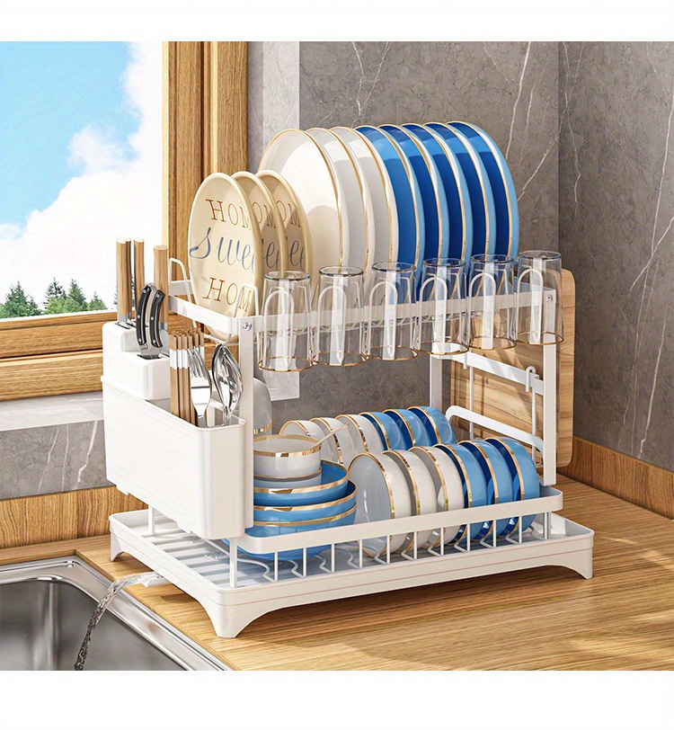 Two-Tier Dish Drying Rack, Rustproof Kitchen Rack with Drainboard And Utensil Holder for Countertop