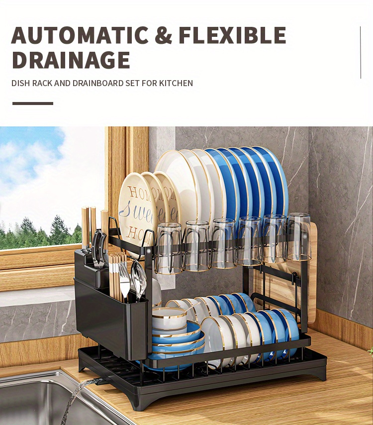 Two-Tier Dish Drying Rack, Rustproof Kitchen Rack with Drainboard And Utensil Holder for Countertop