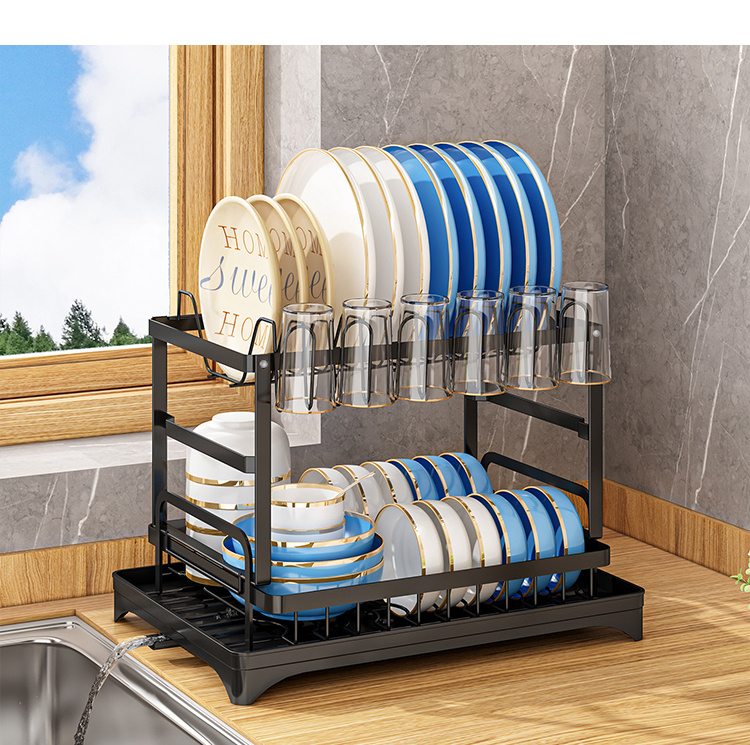 Two-Tier Dish Drying Rack, Rustproof Kitchen Rack with Drainboard And Utensil Holder for Countertop