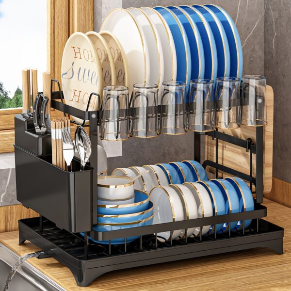 Two-Tier Dish Drying Rack, Rustproof Kitchen Rack with Drainboard And Utensil Holder for Countertop
