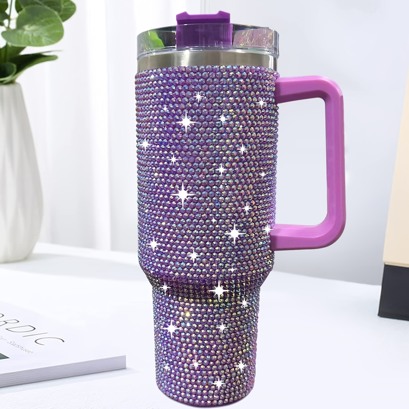 1pc Shiny Rhinestone 40 Oz Tumbler With Handle, Stainless Steel Insulated Travel Coffee Mug Double Wall Leak Resistant Vacuum Tumbler With Straw Portable Tumbler, Summer Drinkware, Home Kitchen Items, Birthday Gifts Back To School Supplies