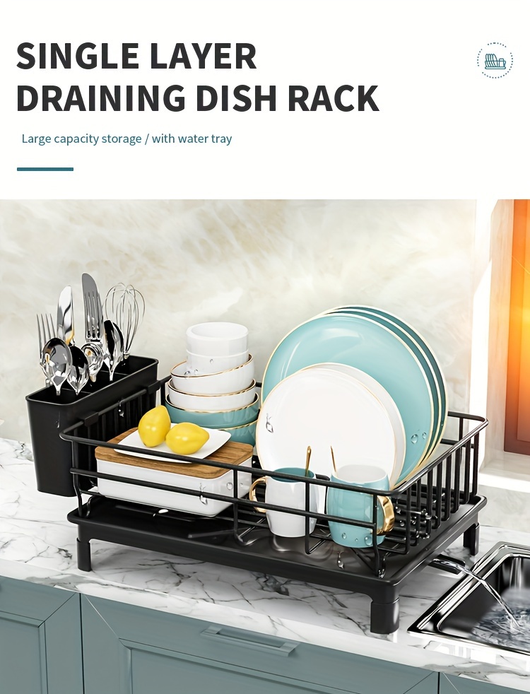 1pc Dish Drying Rack With Utensil Holder And Drainboard, Space Saving Dish Rack, Dish Racks For Kitchen Counter, Kitchen Drainer With A Cutlery Holder, Black