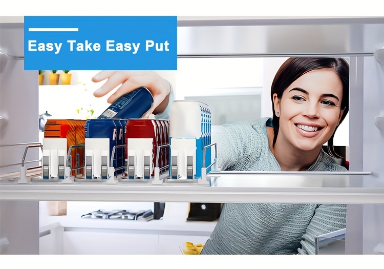 White Bar Refrigerator Beverage Organizer with Dual-Level Dividers and Soda Can Dispenser - Space-Saving Design for Easy Access to Cans and Bottles, Beverage Storage|Modern Beverage Holder|Durable Plastic