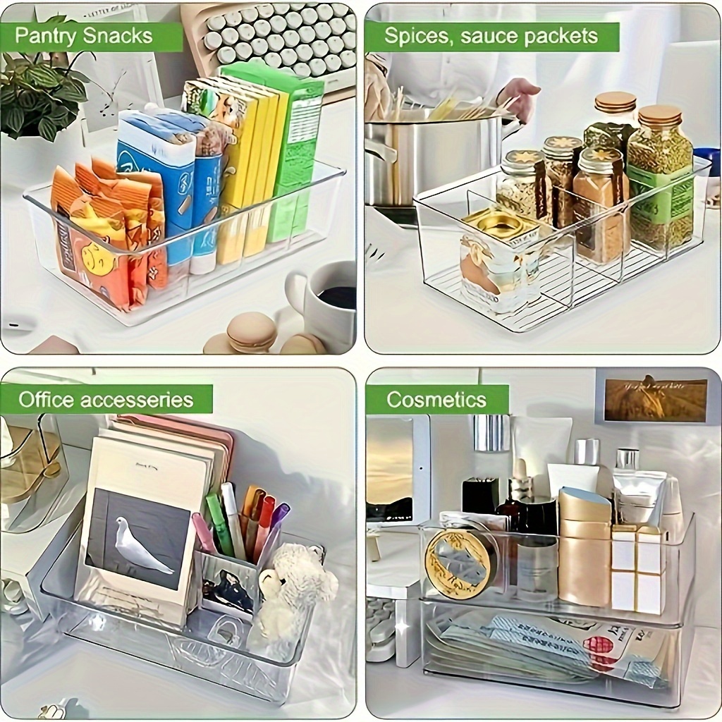 1/2pcs Storage & Organization, Food Storage Organizer Bins, Clear Plastic Removable Snack Organizer, Pantry Organization Storage Racks With 3 Dividers, For Kitchen Cabinets Snacks, Packets, Spices, Kitchen Supplies