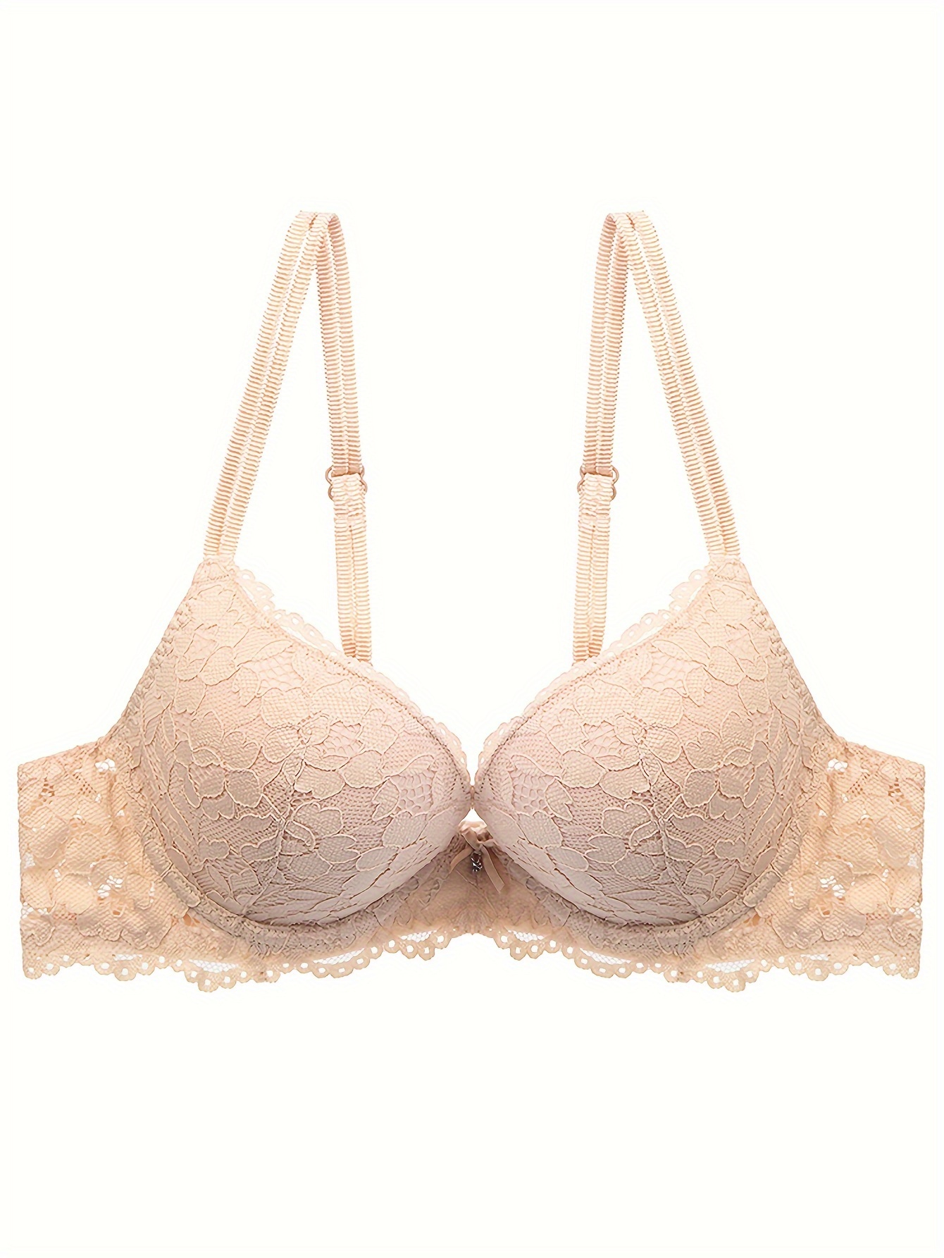 Lace Mesh Hollow Everyday Bra, Comfort & Mature Double Strap Thick Cup Push Up Intimates Bra, Women's Lingerie & Underwear