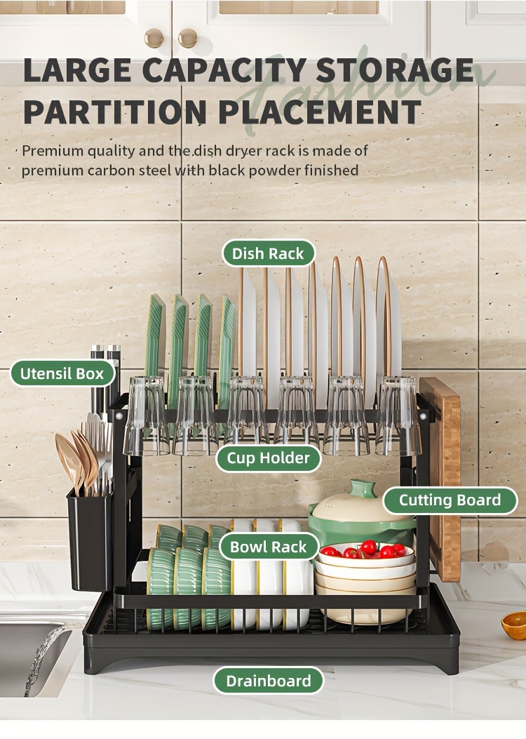 2-Tier Rustproof Dish Drying Rack with Drainboard & Utensil Holder - Durable Plastic & Metal Kitchen Counter Organizer for Dishes, Cups, and Utensils - Space-Saving Design for Modern Kitchens, Dish Drying Rack for Kitchen Counter