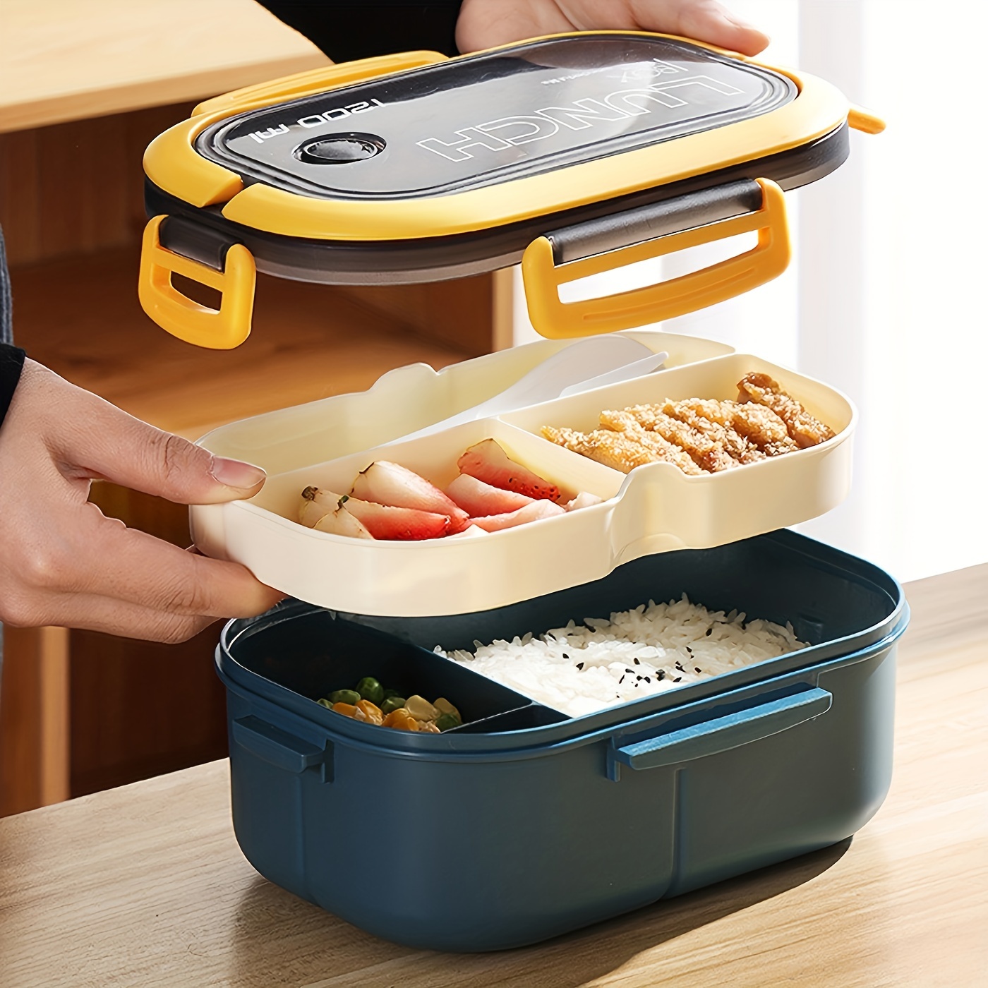 Double Layered Bento Lunch Box with Spoon & Fork, High Capacity Plastic Food Containers, Leakproof, Microwave Safe, Manual, Rectangle, No Electricity Needed,Back to School
