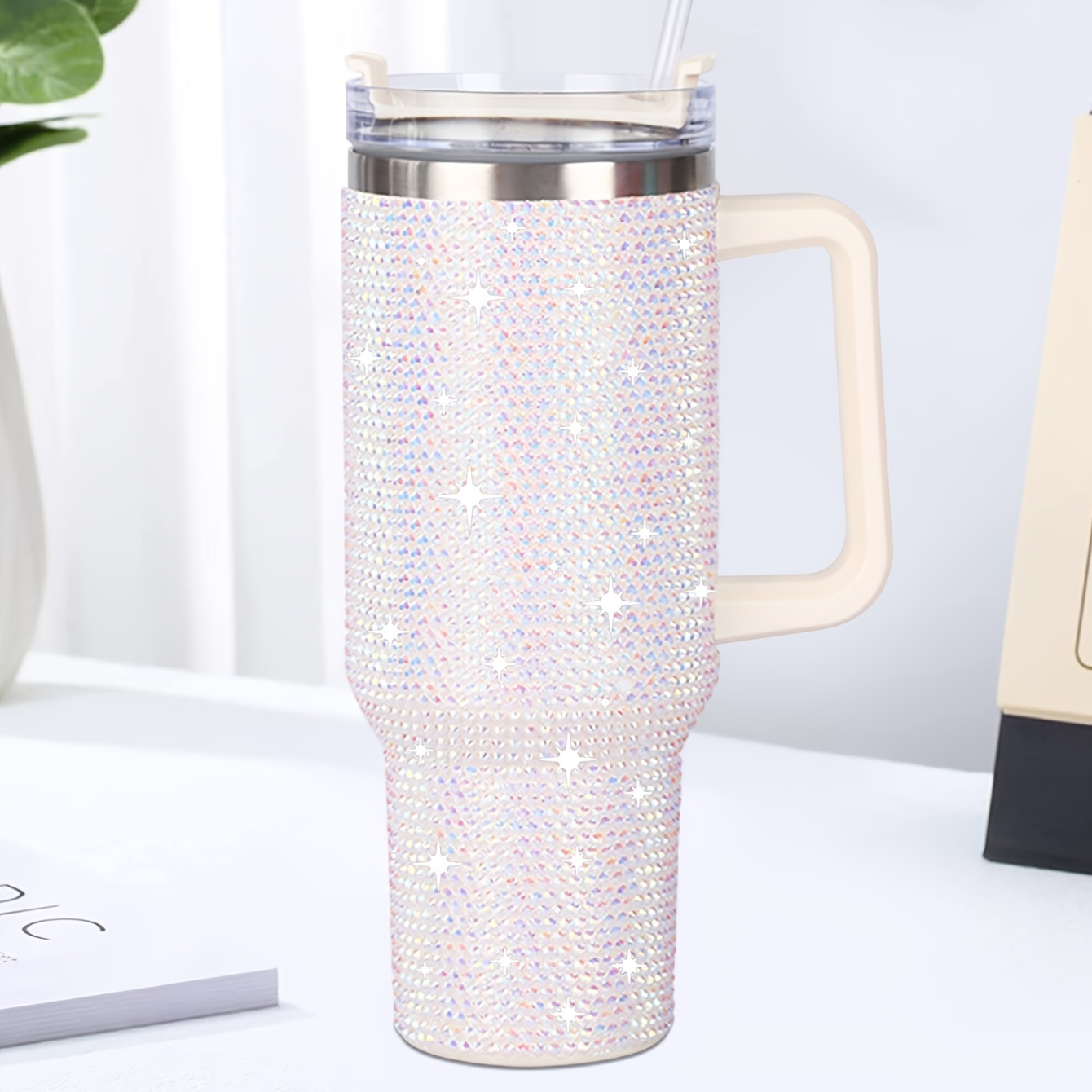 1pc Shiny Rhinestone 40 Oz Tumbler With Handle, Stainless Steel Insulated Travel Coffee Mug Double Wall Leak Resistant Vacuum Tumbler With Straw Portable Tumbler, Summer Drinkware, Home Kitchen Items, Birthday Gifts Back To School Supplies