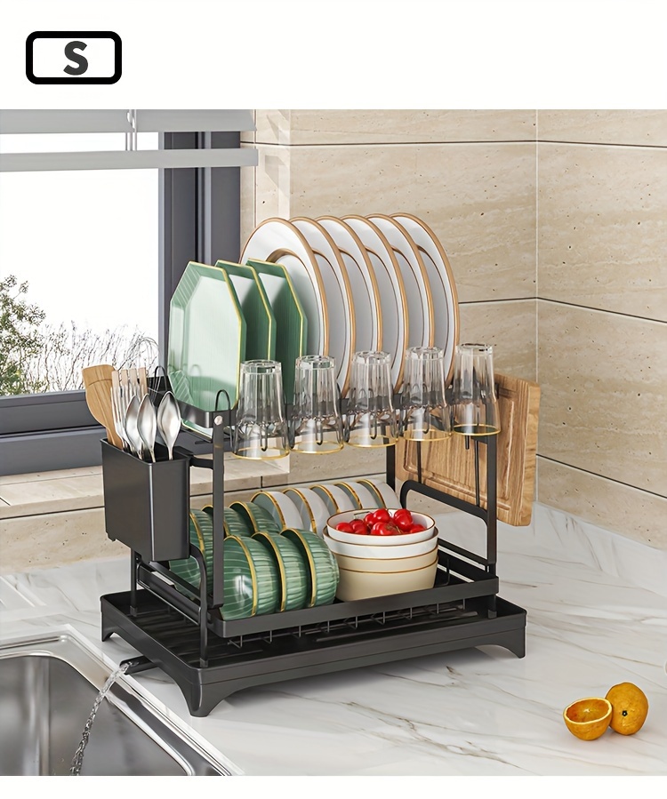 2-Tier Rustproof Dish Drying Rack with Drainboard & Utensil Holder - Durable Plastic & Metal Kitchen Counter Organizer for Dishes, Cups, and Utensils - Space-Saving Design for Modern Kitchens, Dish Drying Rack for Kitchen Counter