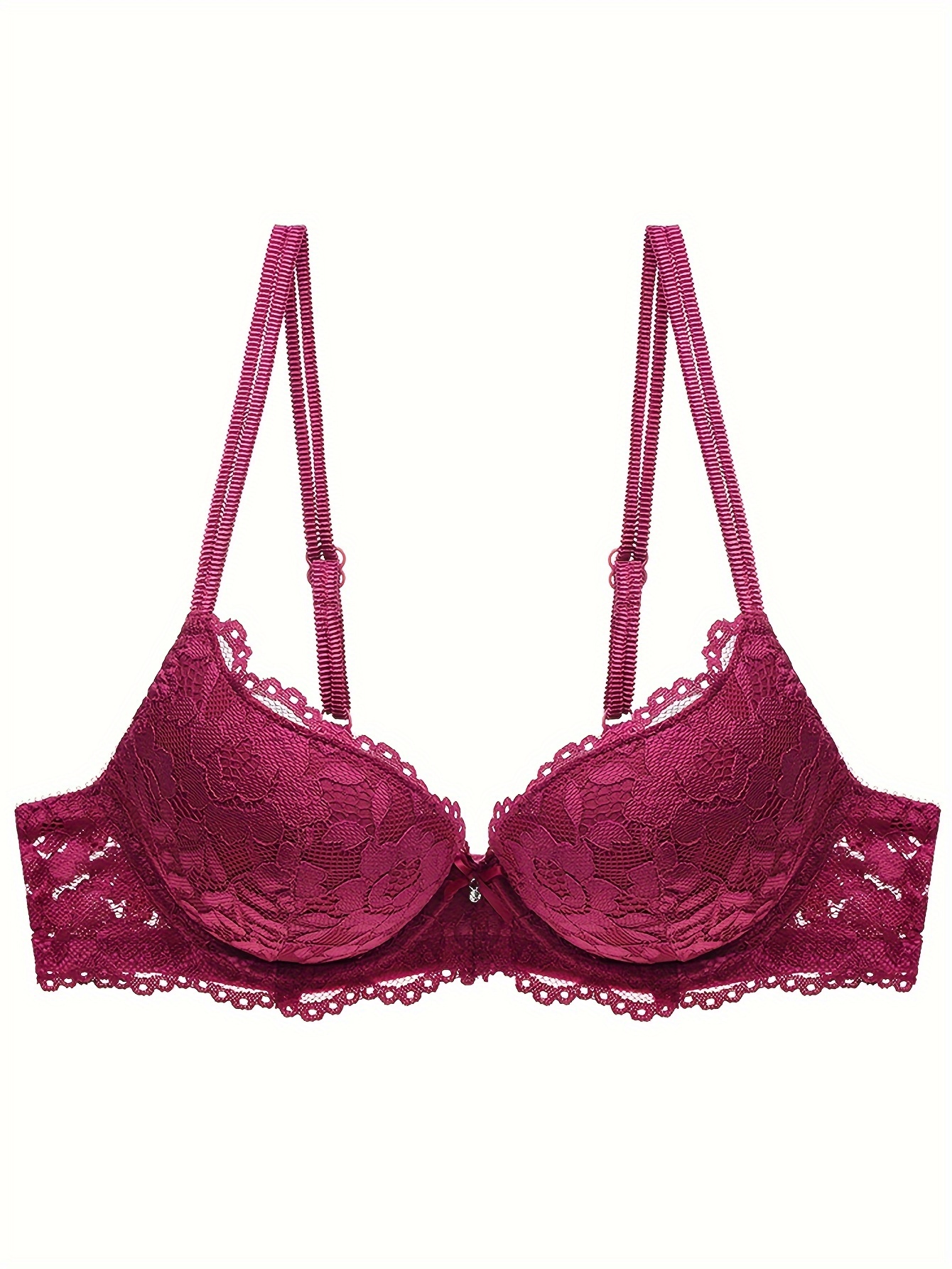 Lace Mesh Hollow Everyday Bra, Comfort & Mature Double Strap Thick Cup Push Up Intimates Bra, Women's Lingerie & Underwear