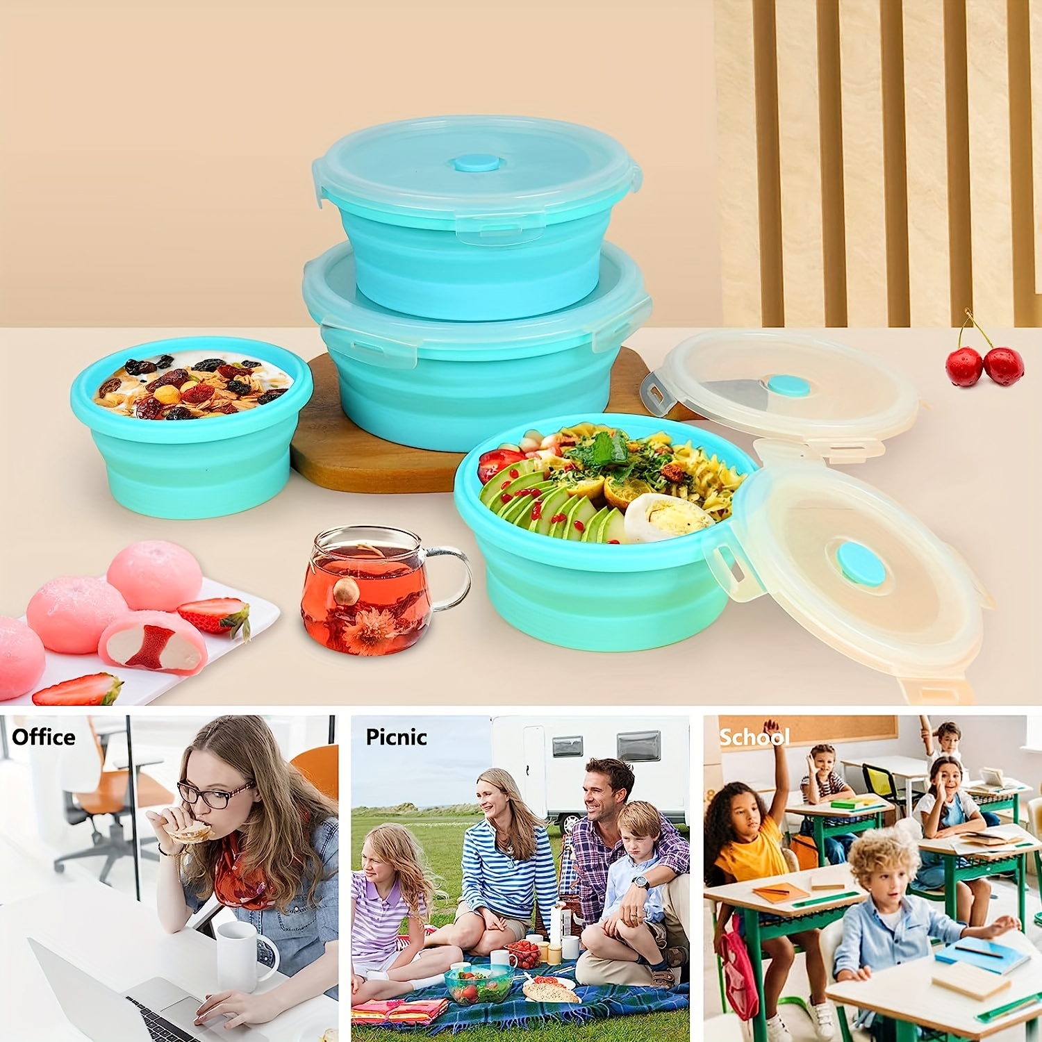 1pcs Leak-proof Round Silicone Food Storage Container With Lid - Foldable Lunch Box For Kitchen And Camping - Microwave And Freezer Safe