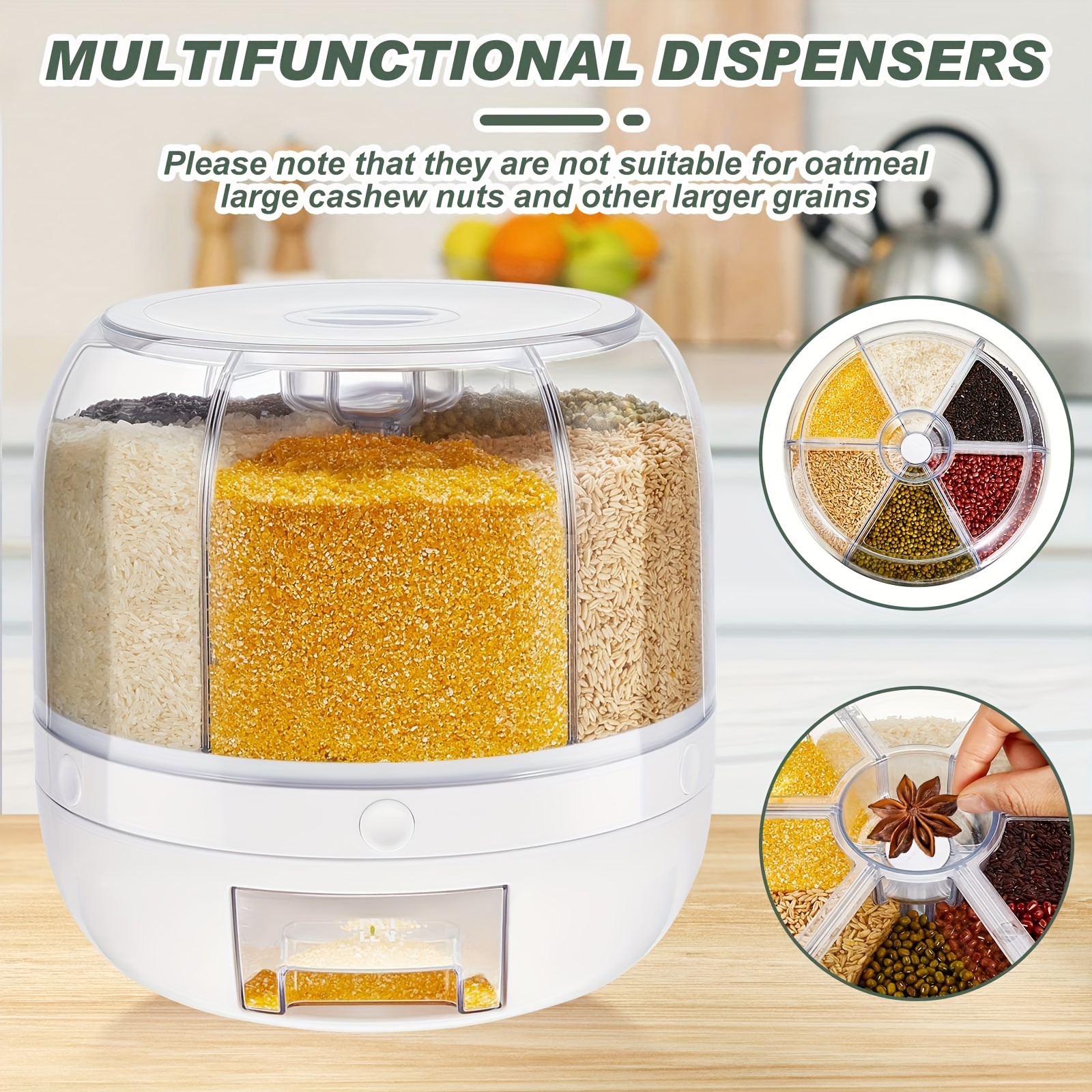 1pc Rotating Rice Bucket, Multi-grid Large Capacity Cereal Storage Container, Moisture-proof Sealed Storage Containers For Rice, Cereals, Grains, Flours, Dog Food, Pet Food, Household Airtight Rice Dispenser, Home Kitchen Supplies