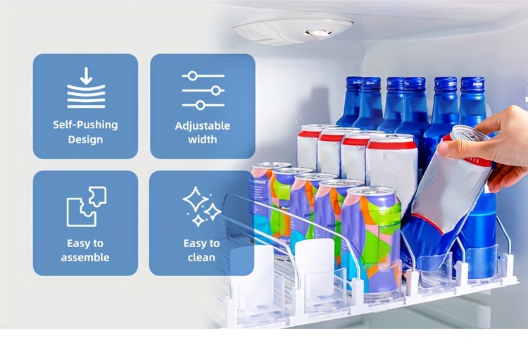 White Bar Refrigerator Beverage Organizer with Dual-Level Dividers and Soda Can Dispenser - Space-Saving Design for Easy Access to Cans and Bottles, Beverage Storage|Modern Beverage Holder|Durable Plastic