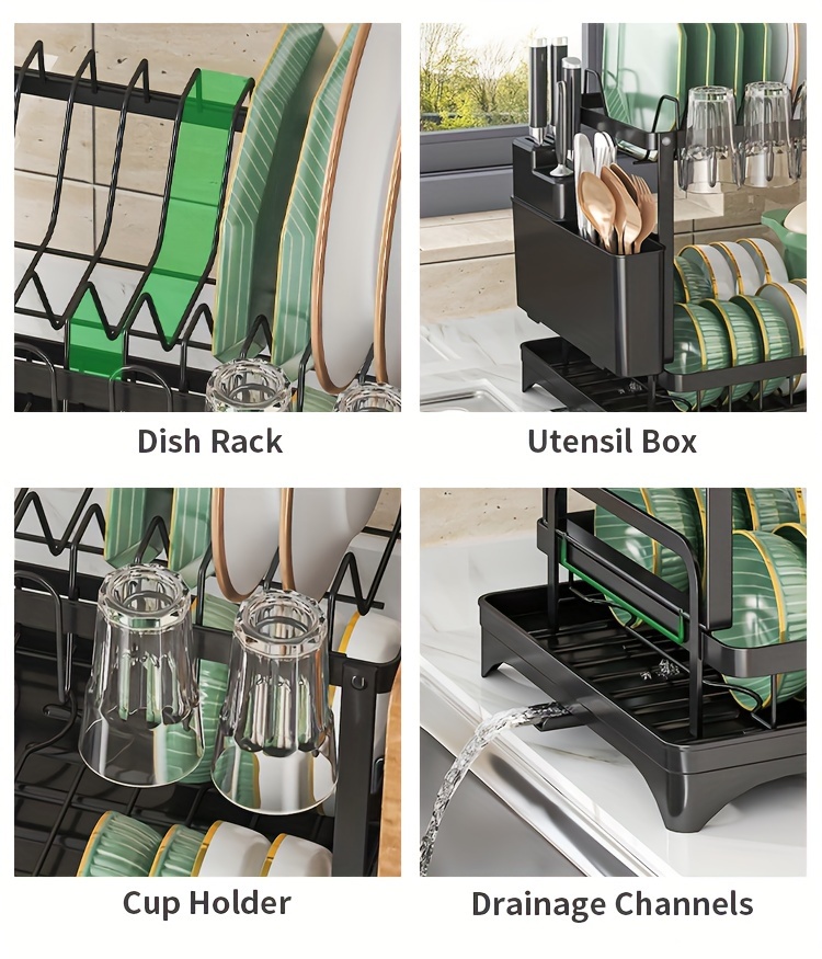 2-Tier Rustproof Dish Drying Rack with Drainboard & Utensil Holder - Durable Plastic & Metal Kitchen Counter Organizer for Dishes, Cups, and Utensils - Space-Saving Design for Modern Kitchens, Dish Drying Rack for Kitchen Counter