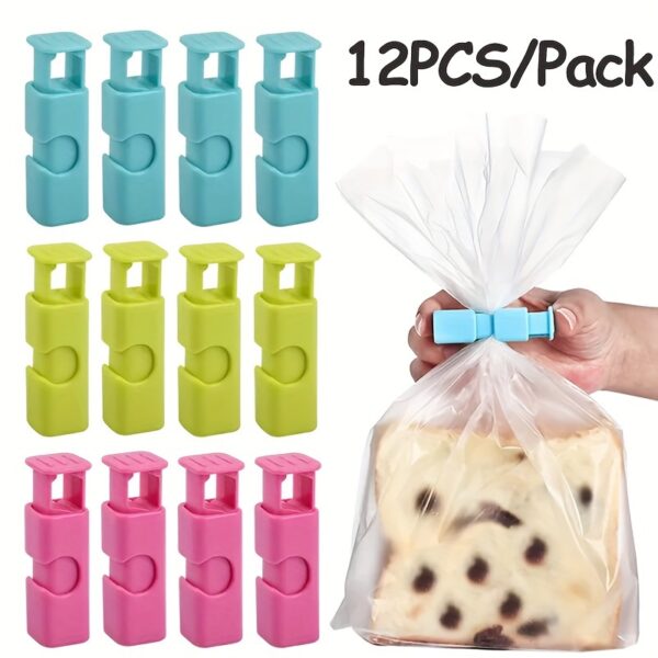12-Pack Reusable Plastic Food Bag Clips - Non-Food Contact Bread Snack Bag Sealer Clamps for Kitchen Storage & Organization Accessories
