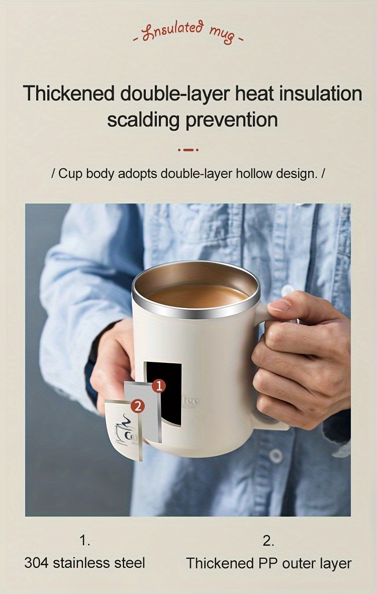 1 304 Stainless Steel Insulated Coffee Cup with Handle And Lid, Stainless Steel Coffee Travel Cup, Double-Layer Hollow Coffee Cup, Suitable for Office, Outdoor, Back to School Supplies