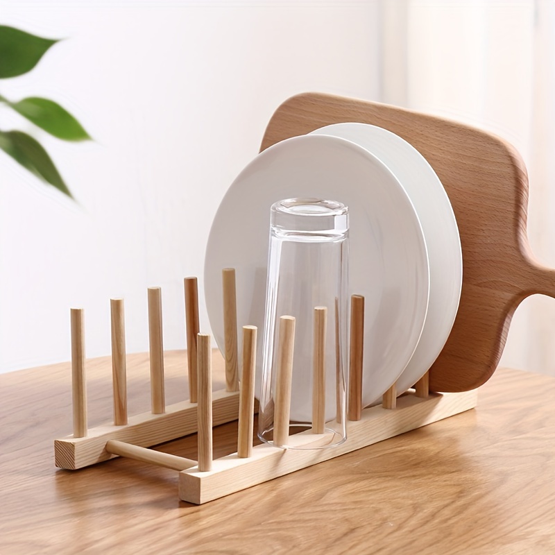 1pc Wooden Plate Racks Dish Stand Holder, Kitchen Storage Cabinet Organizer For Dish/Plate/Bowl/Cup/Pot Lid/Cutting Board, Drain Rack For Kitchen Utensils, Kitchen Cabinet Organizer, Kitchen Organizer