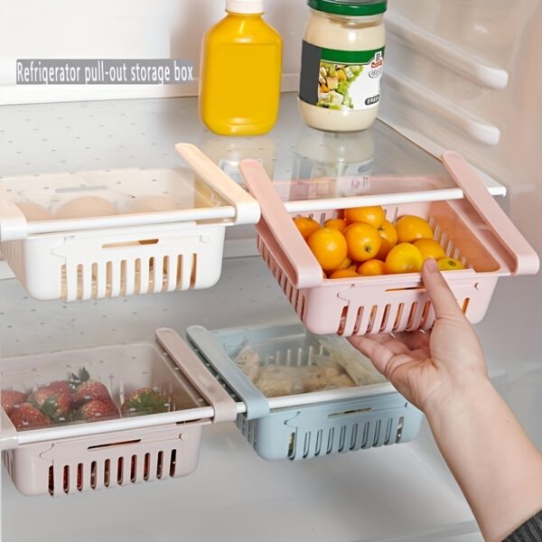 1pc Adjustable Refrigerator Storage Bin - Pull-Out Organizer Basket for Fresh Produce, Eggs, and Condiments, Available in White, Pink, Light Blue - Space-Saving Kitchen Fridge Drawer Rack, Kitchen Space Saver | Functional Kitchen Accessory | Easyaccess Storage, Egg Holder for Refrigerator