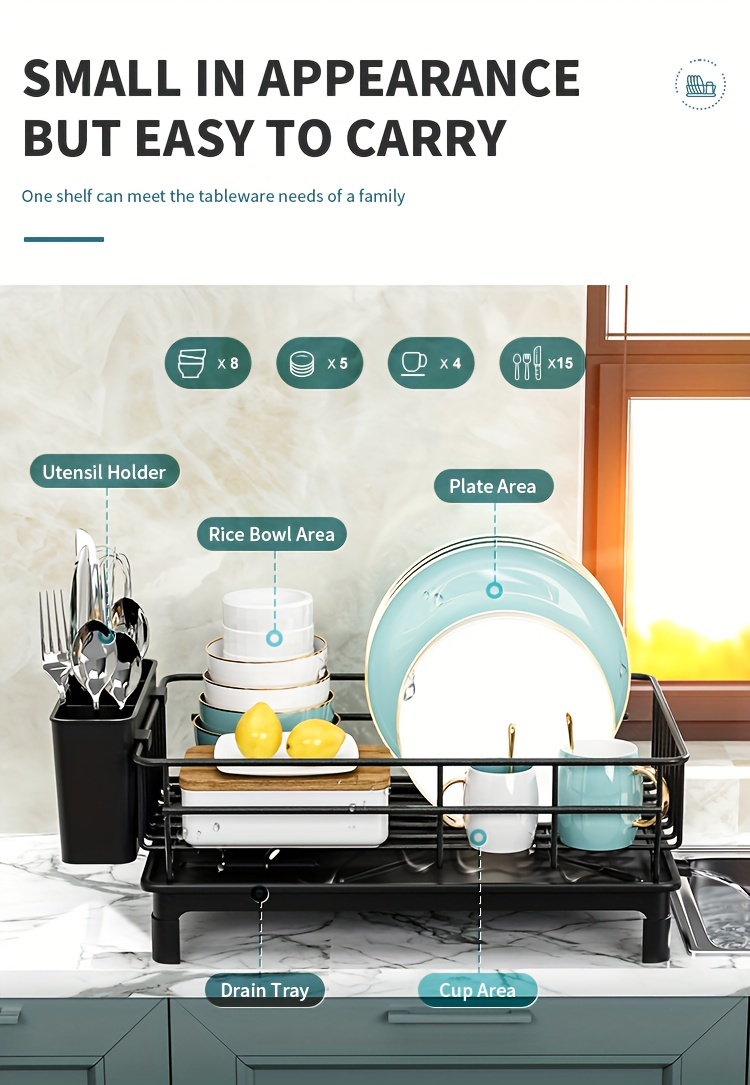 1pc Dish Drying Rack With Utensil Holder And Drainboard, Space Saving Dish Rack, Dish Racks For Kitchen Counter, Kitchen Drainer With A Cutlery Holder, Black