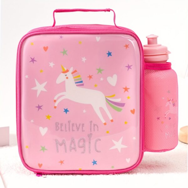 Non-Food Contact Unicorn & Star Design Insulated Lunch Bag with Pink Water Bottle - Perfect for Picnics & Outdoor Adventures, Festive Gift Idea, Outdoor Lunch Bag | Playful Design | Durable Zipper Closure, Unicorn Accessories,Back to School