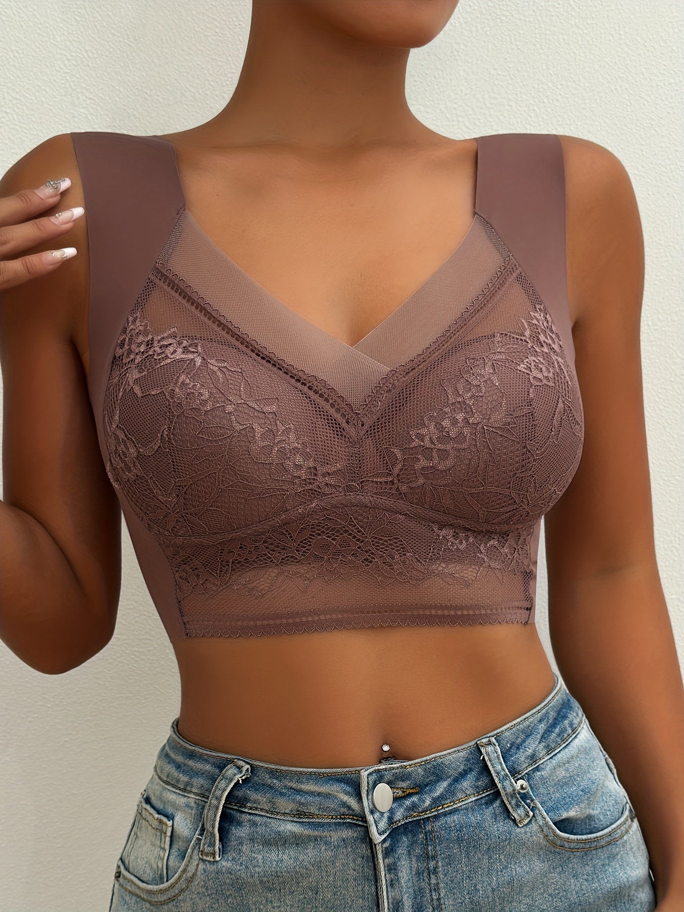 3pcs Contrast Lace Wireless Bras, Comfy & Breathable Push Up Bra, Women's Lingerie & Underwear