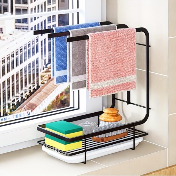 1pc Kitchen Dishcloth Towel Rack, Wall-Mounted Punch-Free Table Storage Rack, Scouring Pad Steel Wire Ball Draining Rack, Sponge Holder with Drain Pan for Kitchen Sink, Home Kitchen Supplies