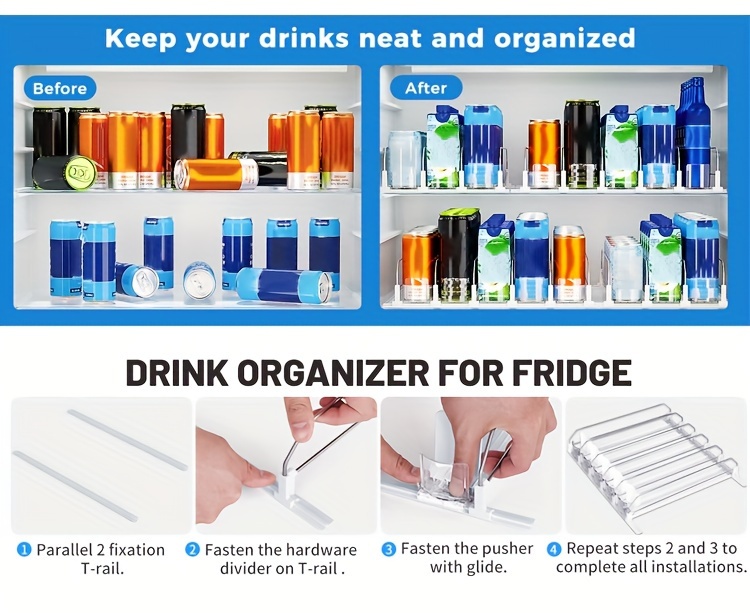 White Bar Refrigerator Beverage Organizer with Dual-Level Dividers and Soda Can Dispenser - Space-Saving Design for Easy Access to Cans and Bottles, Beverage Storage|Modern Beverage Holder|Durable Plastic