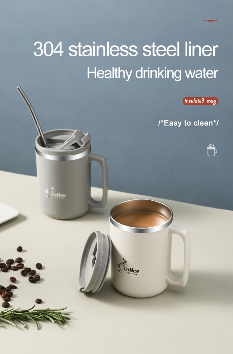 1 304 Stainless Steel Insulated Coffee Cup with Handle And Lid, Stainless Steel Coffee Travel Cup, Double-Layer Hollow Coffee Cup, Suitable for Office, Outdoor, Back to School Supplies