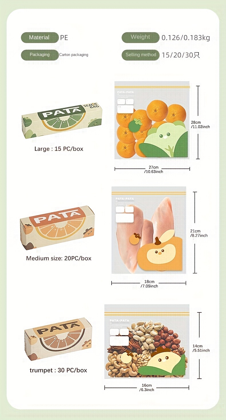 15/20/30pcs Cartoon Pattern Reusable Storage Zipper Bag, Sub-Packaging Bag, Fresh-keeping Bag, Anti-odor Leak-Proof Freezer Bag For Fruits, Vegetables, Grains, Home Kitchen Supplies