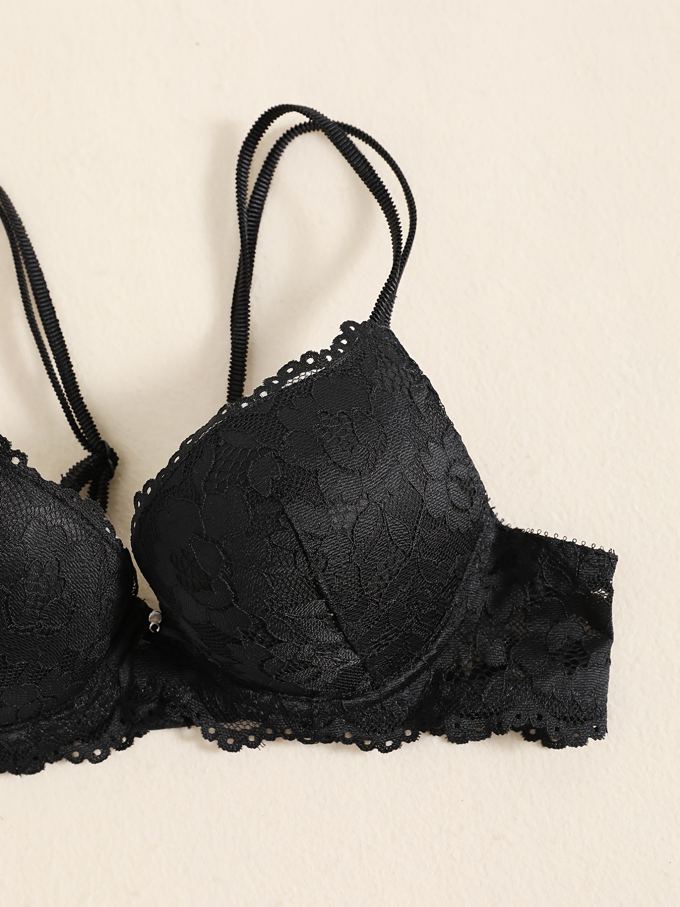 Lace Mesh Hollow Everyday Bra, Comfort & Mature Double Strap Thick Cup Push Up Intimates Bra, Women's Lingerie & Underwear