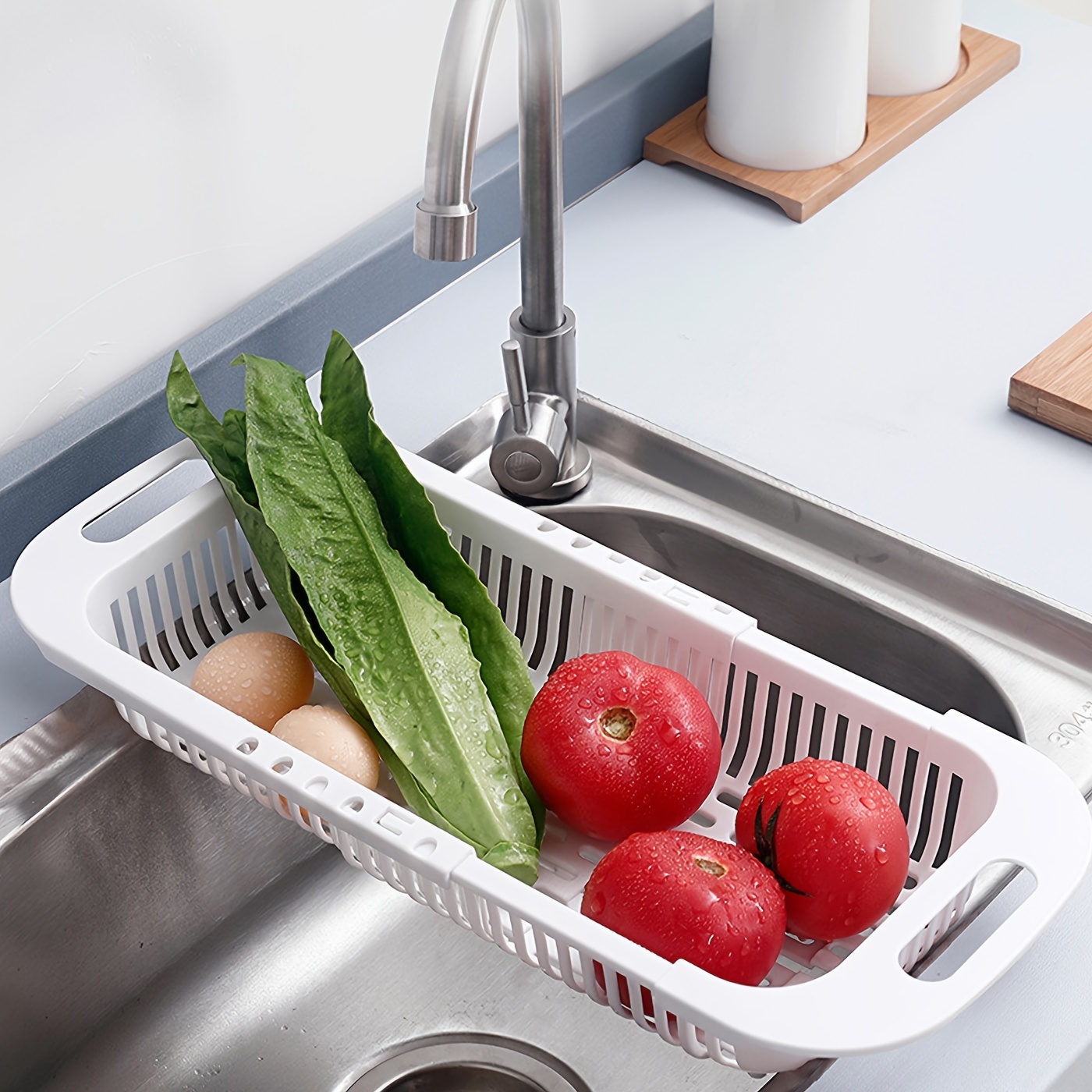 1pc Retractable Drain Rack - Kitchen Basket For Vegetables And Dishes, Plastic Dish Rack With Filter Basket - 34.29cm/18.29cm/6.35cm - Easy To Clean And Store