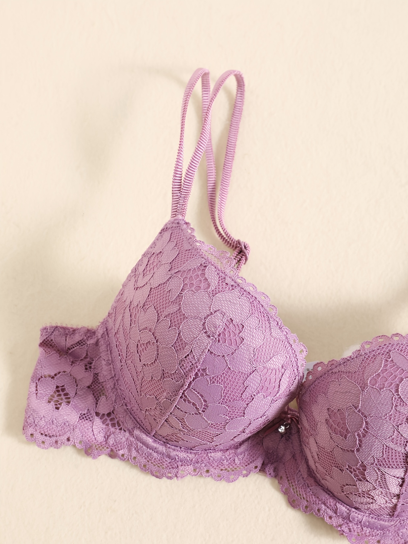 Lace Mesh Hollow Everyday Bra, Comfort & Mature Double Strap Thick Cup Push Up Intimates Bra, Women's Lingerie & Underwear