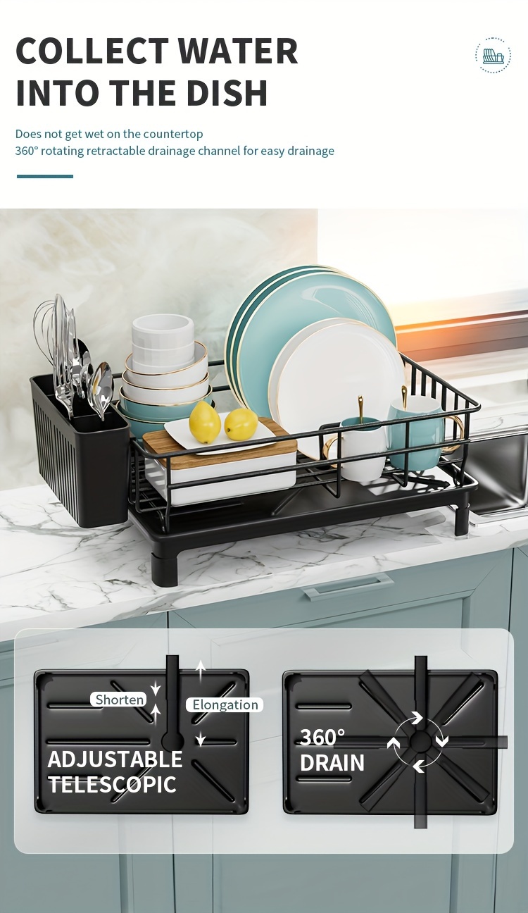 1pc Dish Drying Rack With Utensil Holder And Drainboard, Space Saving Dish Rack, Dish Racks For Kitchen Counter, Kitchen Drainer With A Cutlery Holder, Black