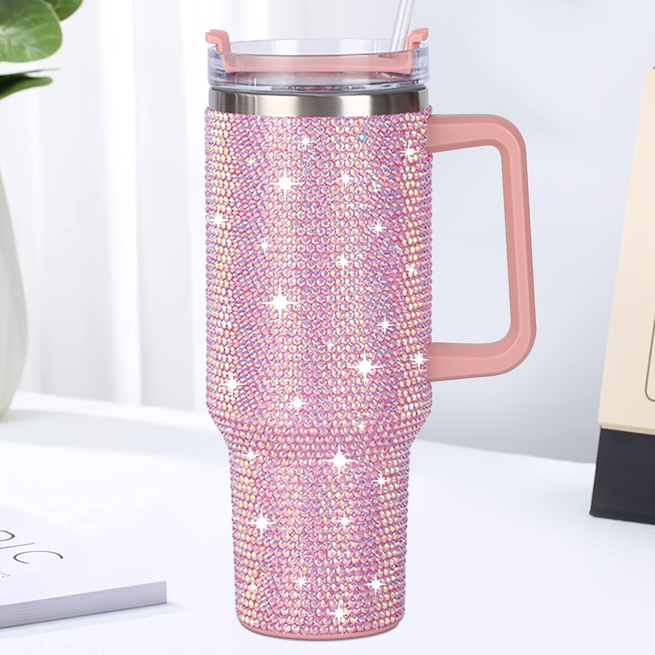 1pc Shiny Rhinestone 40 Oz Tumbler With Handle, Stainless Steel Insulated Travel Coffee Mug Double Wall Leak Resistant Vacuum Tumbler With Straw Portable Tumbler, Summer Drinkware, Home Kitchen Items, Birthday Gifts Back To School Supplies