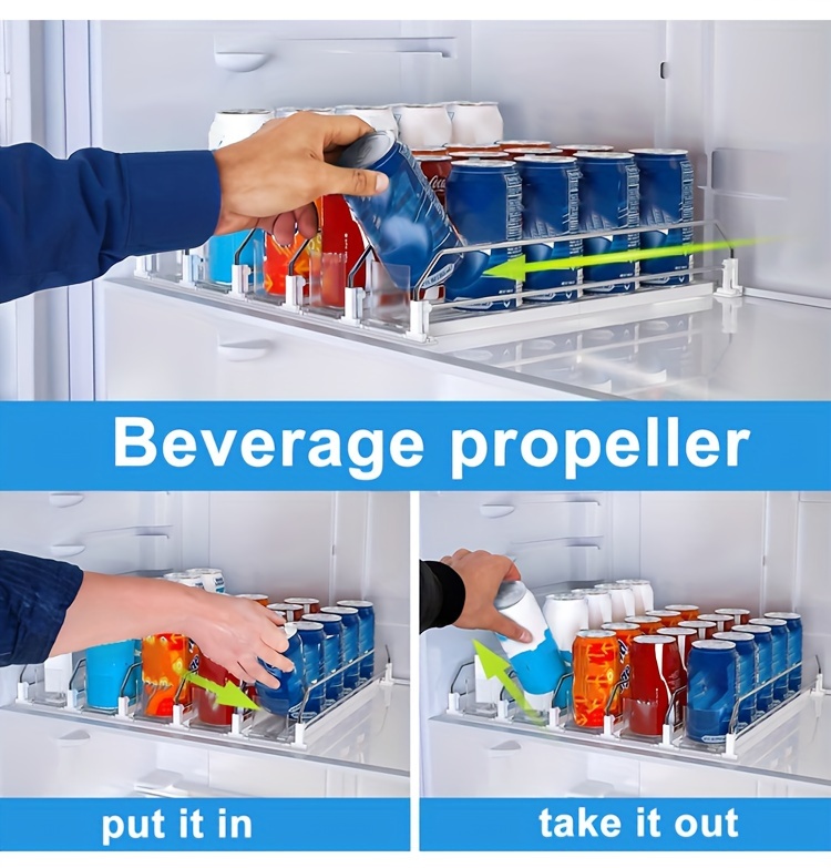White Bar Refrigerator Beverage Organizer with Dual-Level Dividers and Soda Can Dispenser - Space-Saving Design for Easy Access to Cans and Bottles, Beverage Storage|Modern Beverage Holder|Durable Plastic