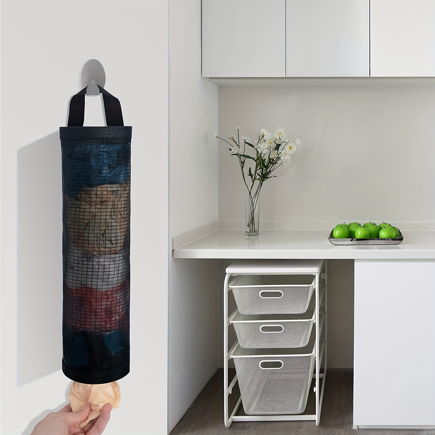 1pc Foldable Mesh Grocery Bag Holder, Breathable Plastic Bag Dispenser, Kitchen Garbage Bag Organizer with Hanging Storage - Image 9
