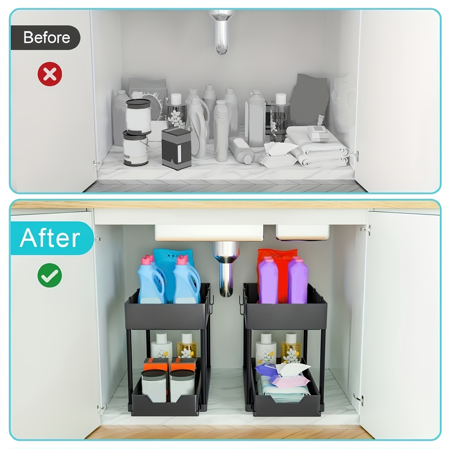 1pc 2-Tier Sliding Under Sink Organizer with Hooks, Plastic Cabinet Basket Storage Drawers for Bathroom Kitchen, Space Saver Bottom Shelf, Under Sink Organizers And Storage - Image 6