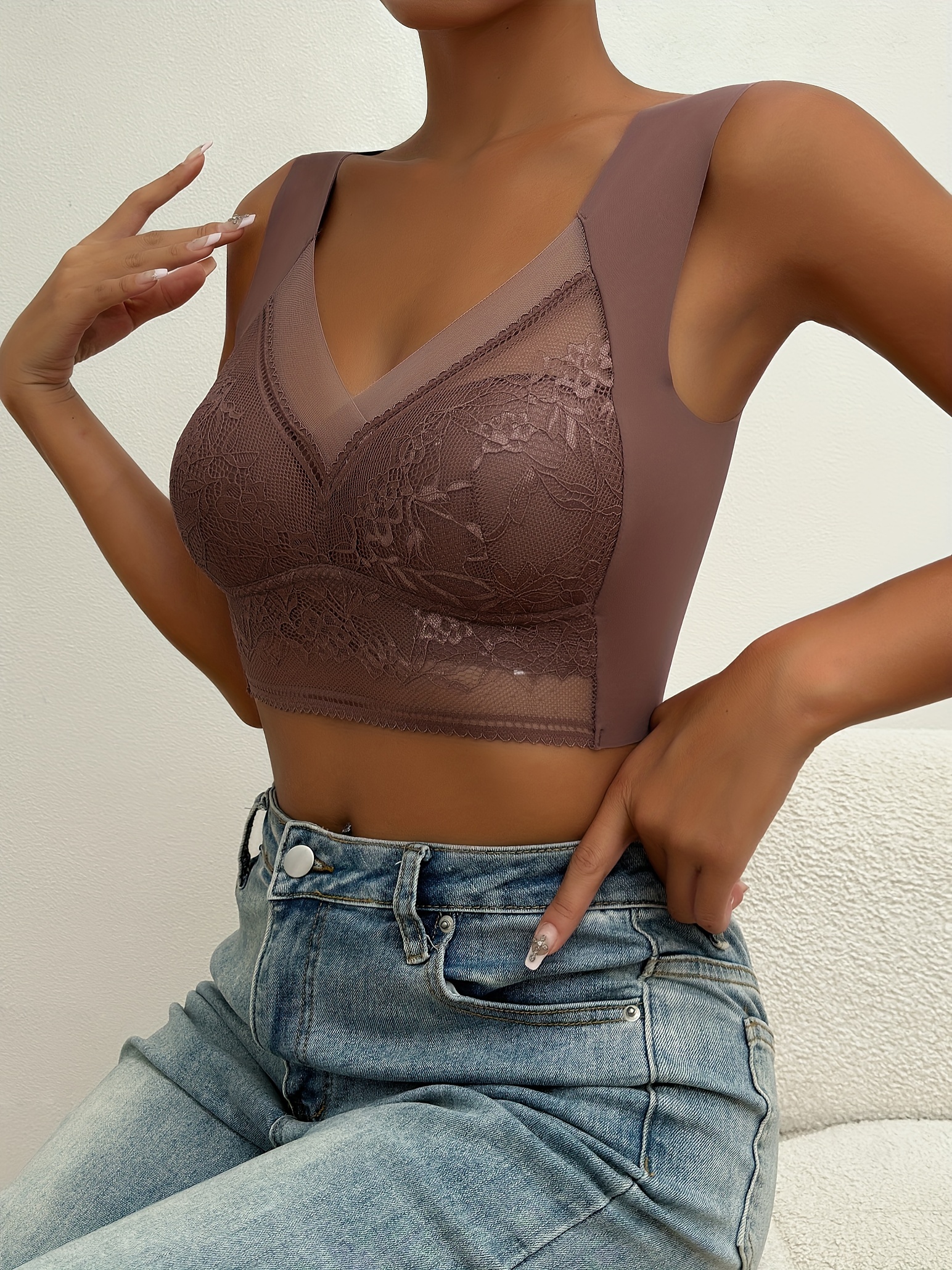 3pcs Contrast Lace Wireless Bras, Comfy & Breathable Push Up Bra, Women's Lingerie & Underwear