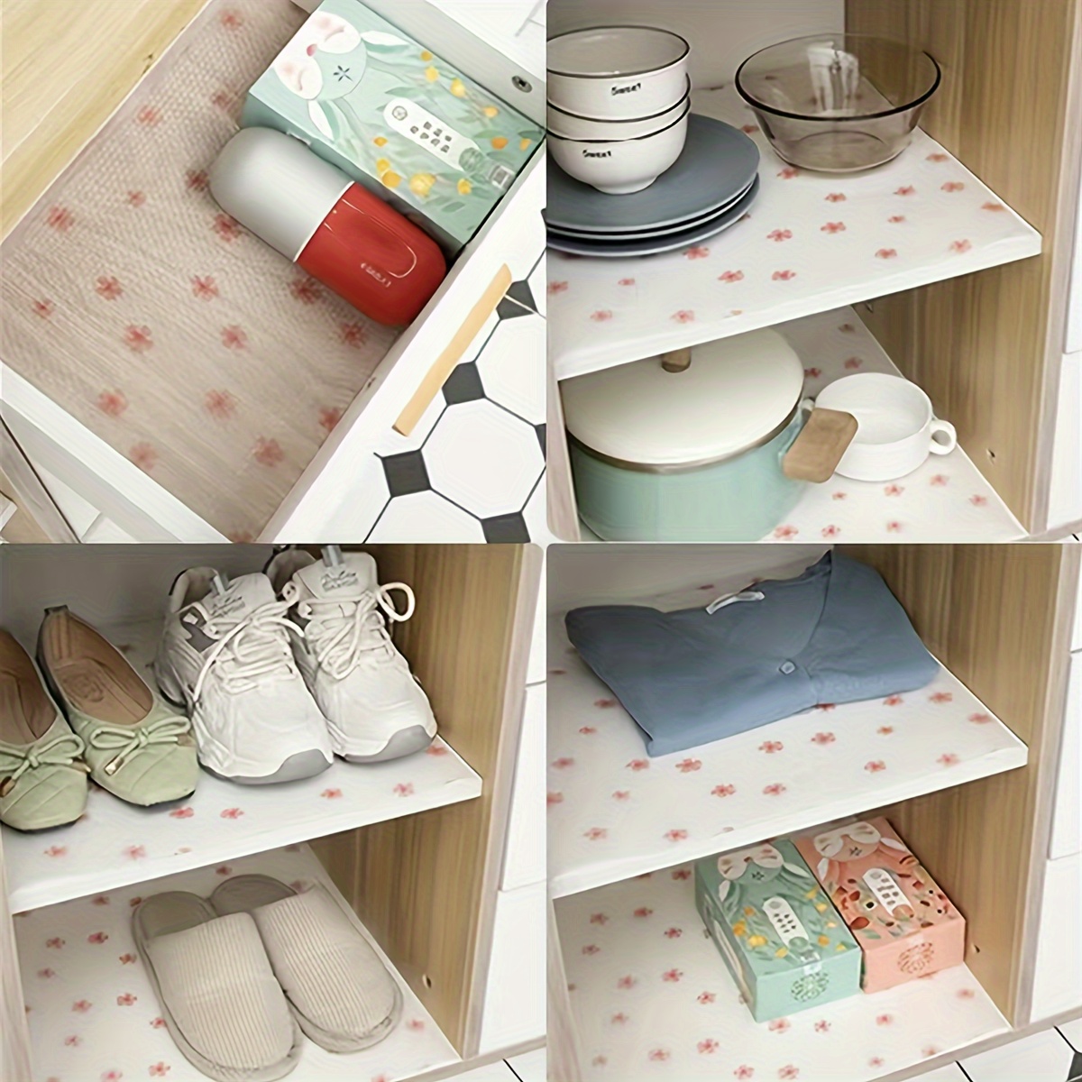 1 Roll/4pcs Cherry Blossom Shelf Liners, Washable Refrigerator Mat, Waterproof Oil-proof And Stain-proof Cuttable Drawer Mat, Non-Slip Fridge Liner Mats, Cover Pads For Freezer, Glass Shelf Cupboard Cabinet, Home Kitchen Supplies