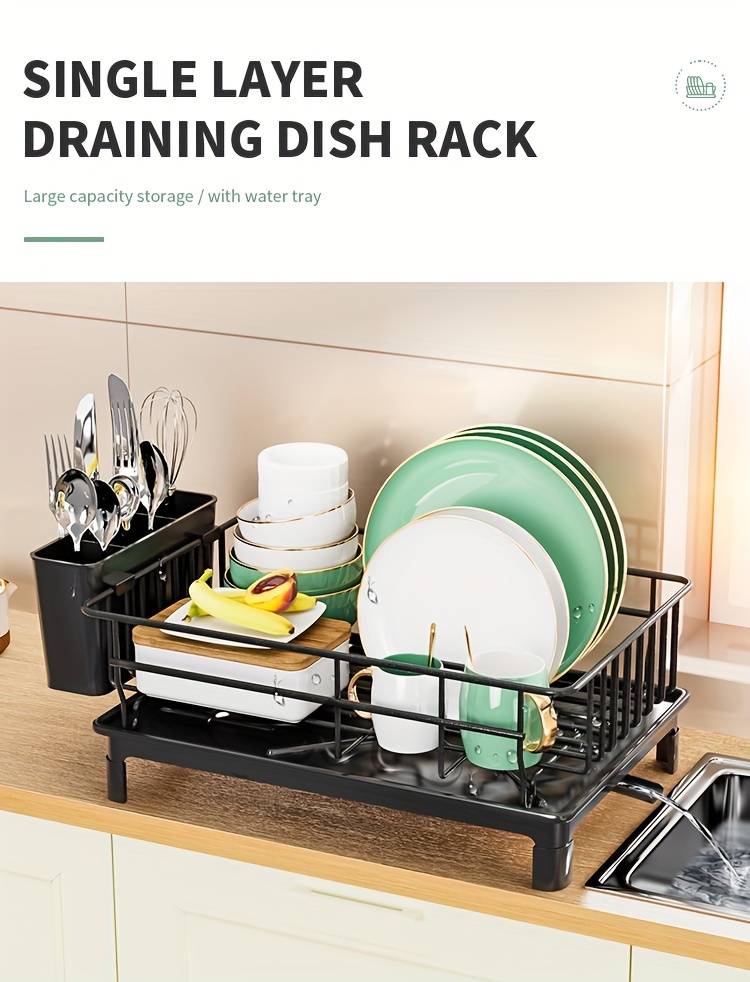 1pc Dish Drying Rack With Cutlery Holder And Drainboard For Kitchen Counter, Dish Drainer With Knife And Fork Holder, Easy Installation, Kitchen Organization, Balck