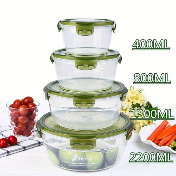 Kitchen plastic convenience box/circular plastic lunch box/refrigerator food storage sealed box, green/red, 2200ml/1300ml/800ml/400ml 4pcs set, can be heated in the microwave, can be refrigerated in the refrigerator
