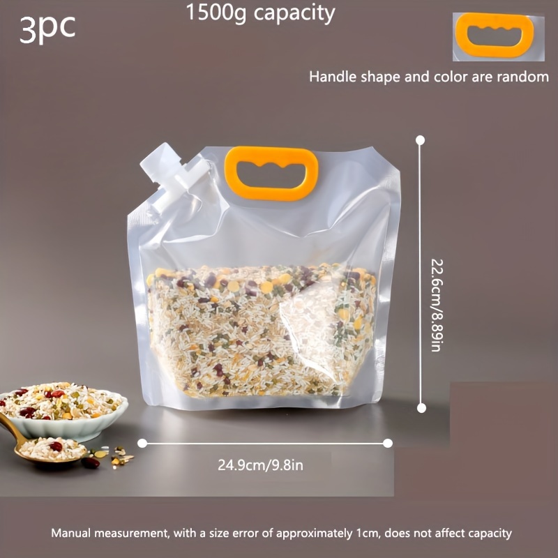 3-Pack Food Storage Bags with Lids, 500/1000/1500g Capacity, Plastic, Transparent, Airtight, Moisture-Proof,, Kitchen Organization, Rice & Grain Dispensing Bags, Food Contact Safe