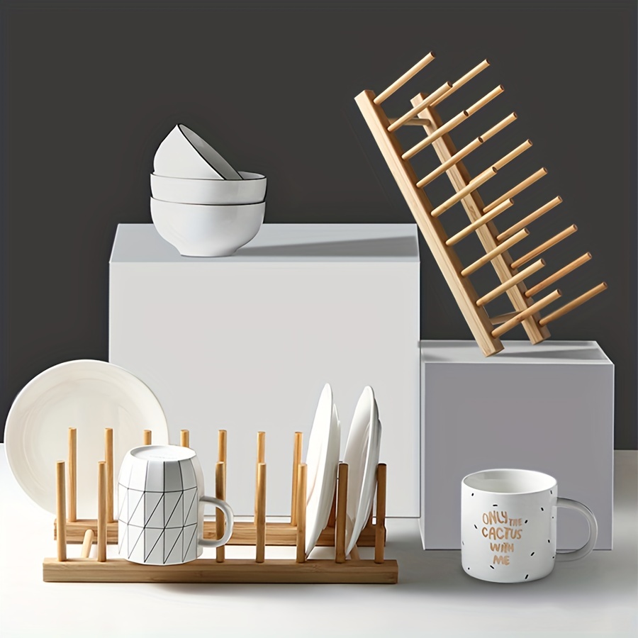 1pc Bamboo Wooden Plate Rack, Kitchen Storage Organizer For Dish, Plate, Bowl, Cup, Pot Lid And Cutting Board, Multifunctional Bamboo Drying Rack, Bookshelf, Home Kitchen Supplies