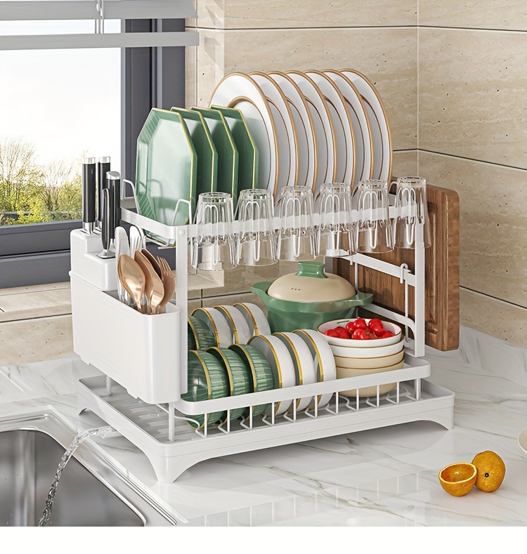 2-Tier Rustproof Dish Drying Rack with Drainboard & Utensil Holder - Durable Plastic & Metal Kitchen Counter Organizer for Dishes, Cups, and Utensils - Space-Saving Design for Modern Kitchens, Dish Drying Rack for Kitchen Counter