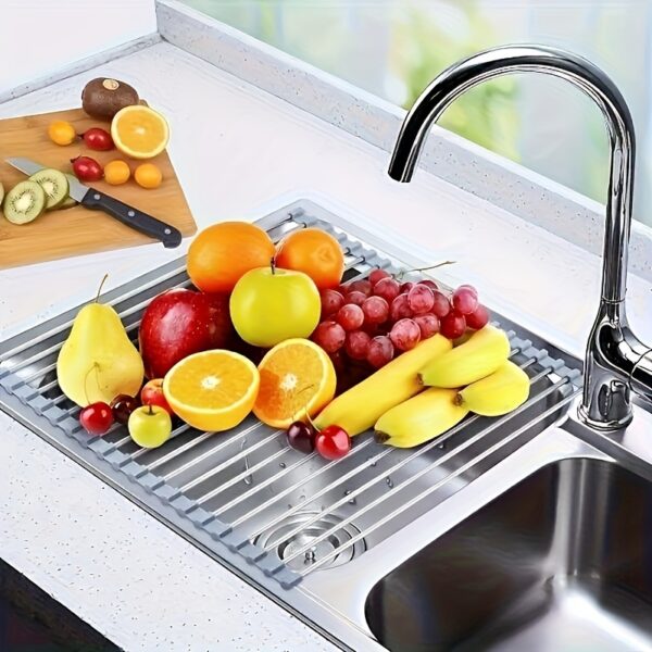 1pc Stainless Steel Foldable Drain Rack for Kitchen Sink - Food-Safe, Space-Saving Water Filter & Dish Drainer with Roller Shutter, Ideal for Fruits & Vegetables Washing, Over The Sink Dish Drying Rack