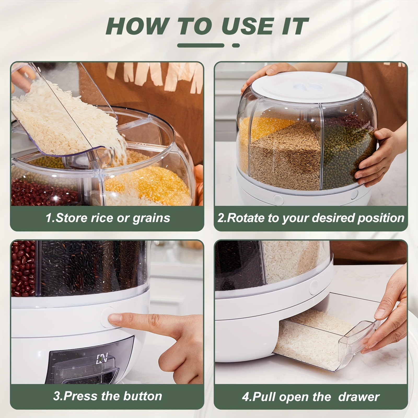 1pc Rotating Rice Bucket, Multi-grid Large Capacity Cereal Storage Container, Moisture-proof Sealed Storage Containers For Rice, Cereals, Grains, Flours, Dog Food, Pet Food, Household Airtight Rice Dispenser, Home Kitchen Supplies