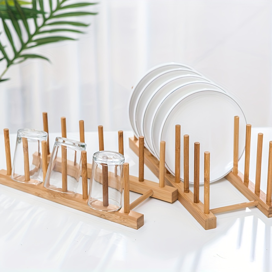 1pc Bamboo Wooden Plate Rack, Kitchen Storage Organizer For Dish, Plate, Bowl, Cup, Pot Lid And Cutting Board, Multifunctional Bamboo Drying Rack, Bookshelf, Home Kitchen Supplies