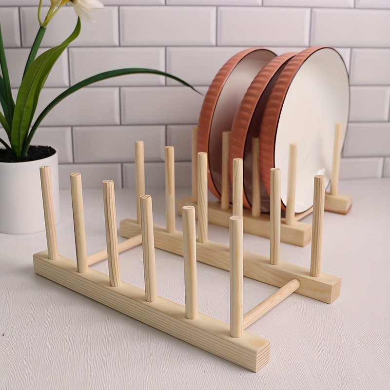 1pc Wooden Plate Racks Dish Stand Holder, Kitchen Storage Cabinet Organizer For Dish/Plate/Bowl/Cup/Pot Lid/Cutting Board, Drain Rack For Kitchen Utensils, Kitchen Cabinet Organizer, Kitchen Organizer