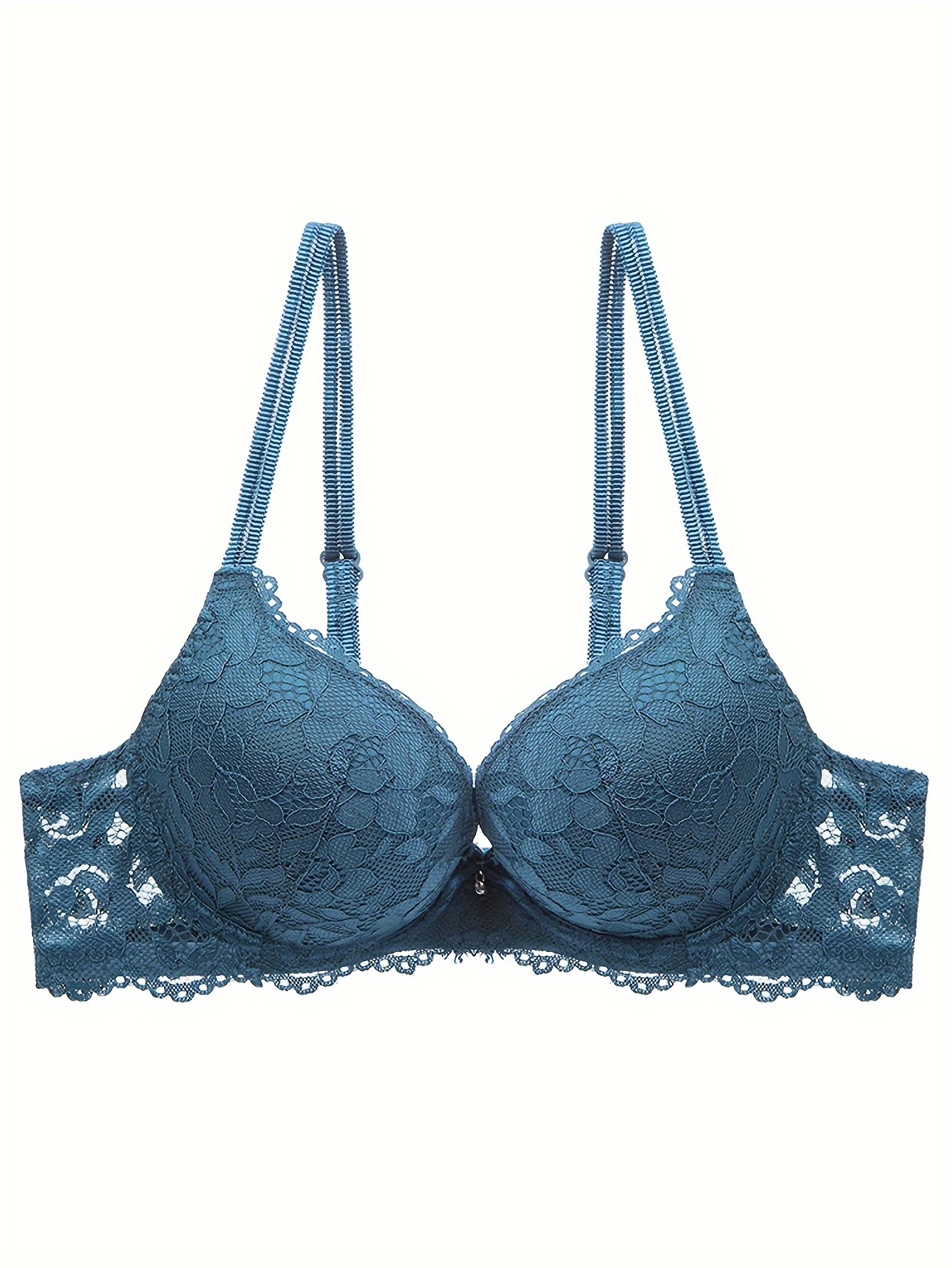 Lace Mesh Hollow Everyday Bra, Comfort & Mature Double Strap Thick Cup Push Up Intimates Bra, Women's Lingerie & Underwear